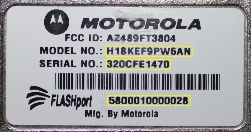 Motorola Tag showing Model Number and Serial Number